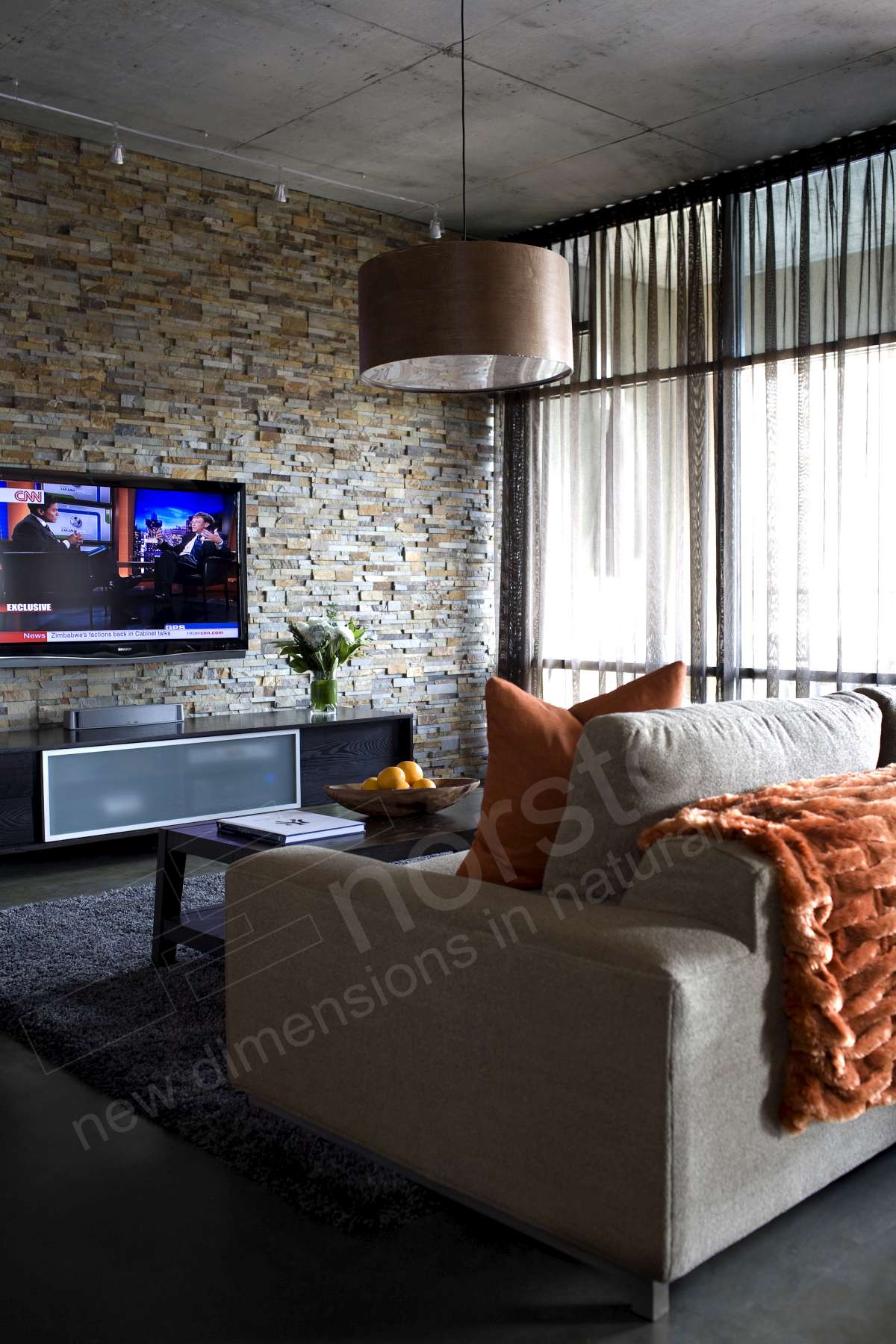 Natural Stone Feature Wall with TV in an Atlanta Loft for improved Indoor Air Quality